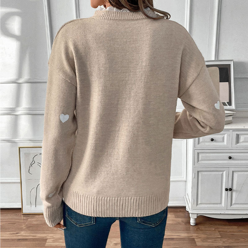 Damen Pullover mit herzförmigen Applikationen und luxuriösem Spitzenkragen WW