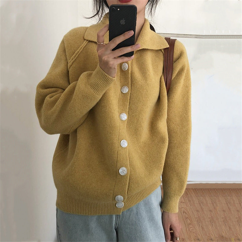 Damen bequemer Strickcardigan mit klassischem Kragen und Knopfverschluss WW