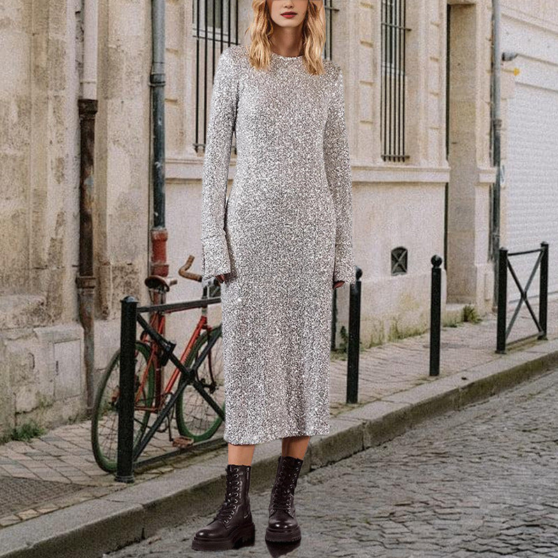 Damen Glitzerndes Midikleid mit elegantem Rundhalsausschnitt und figurschmeichelndem Schnitt W&W Mode
