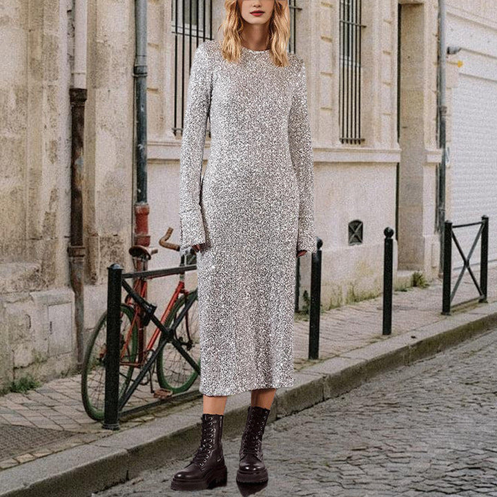 Damen Glitzerndes Midikleid mit elegantem Rundhalsausschnitt und figurschmeichelndem Schnitt W&W Mode