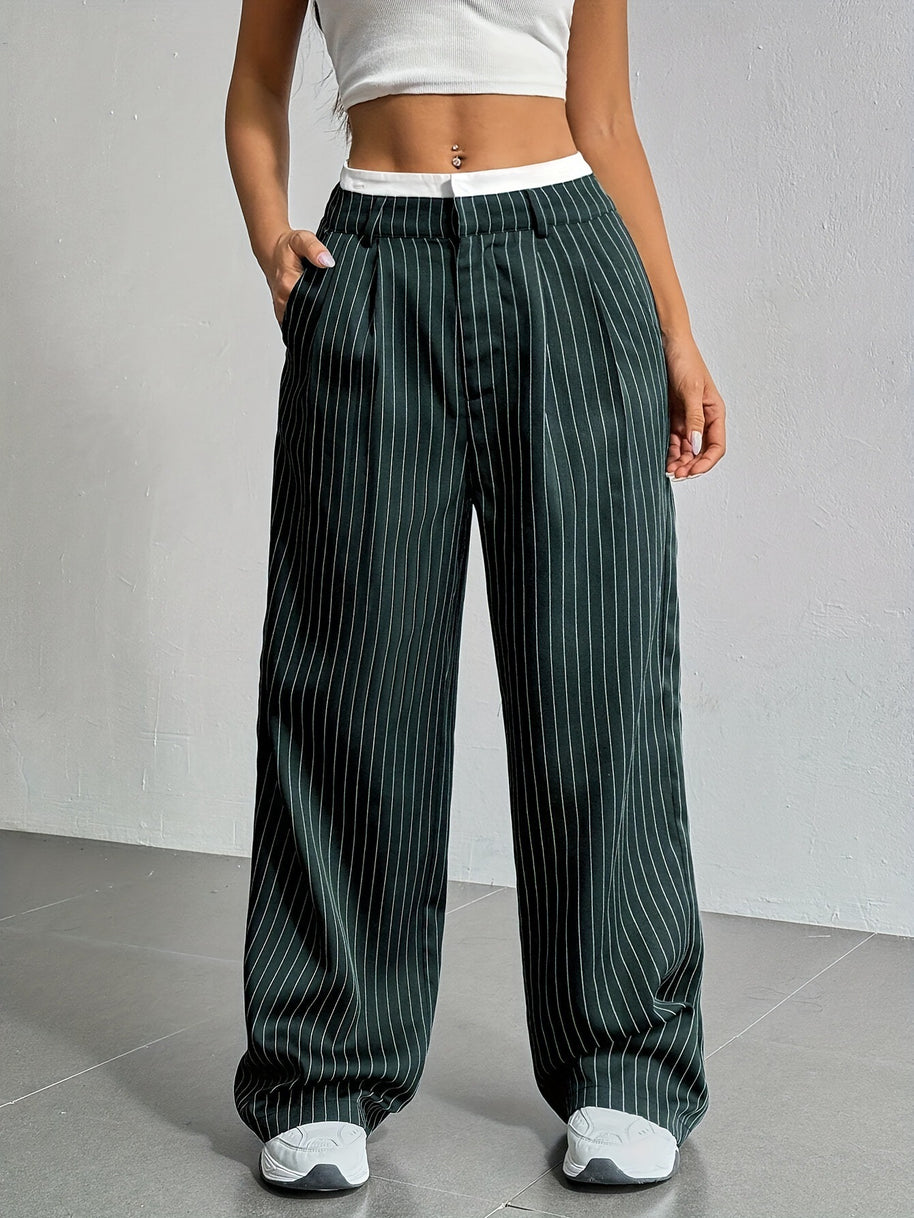 Damen Elegante Weite Hose mit Nadelstreifen und hohem Bund WW