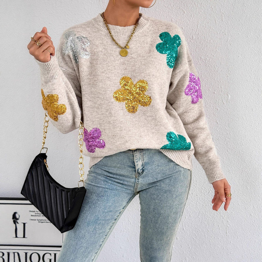Damen Strickpullover mit glitzernden Blütenapplikationen WW