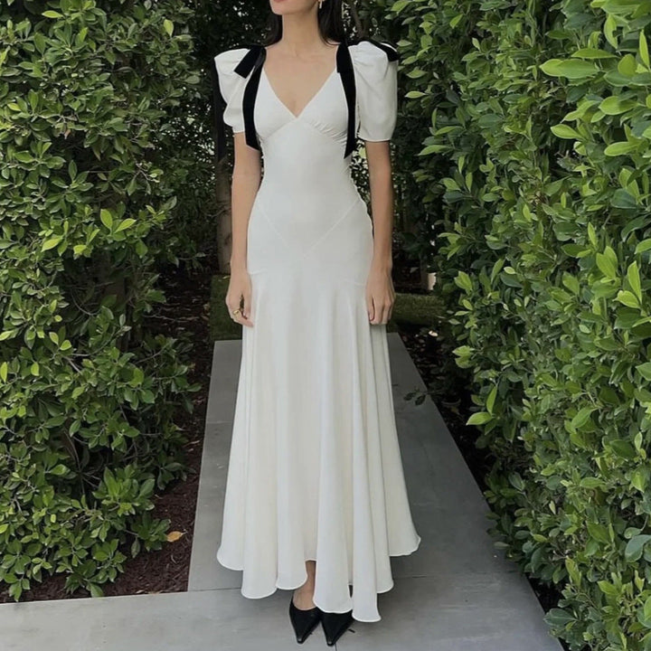 W&W Mode | Sanfte Weiß Tiefer V Schleifen Puffärmel Schlankes Kleid