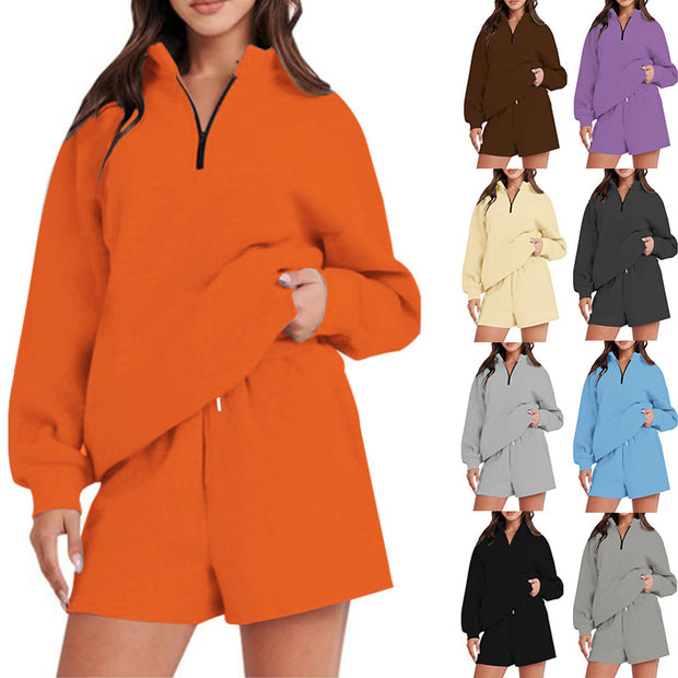 Damen bequemen Freizeit-Sweatanzug mit halbem Reißverschluss und Shorts WW