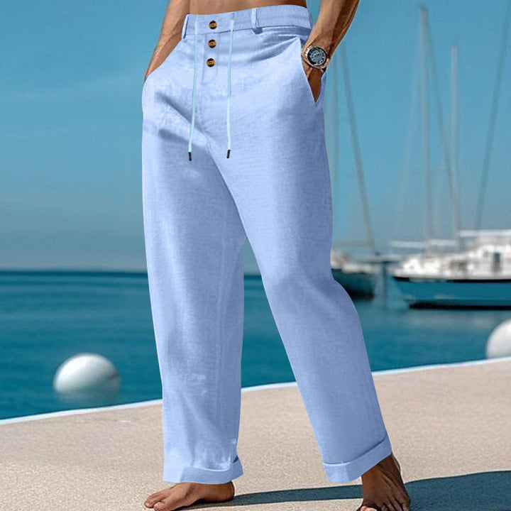 Herren lässige Leinenhose mit praktischen Knöpfen und elastischem Bund W&W Mode