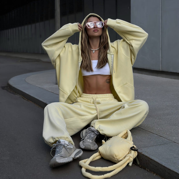 Damen bequeme und lässige Kapuzenjacke mit weitem Schnitt und passenden Jogginghosen WW