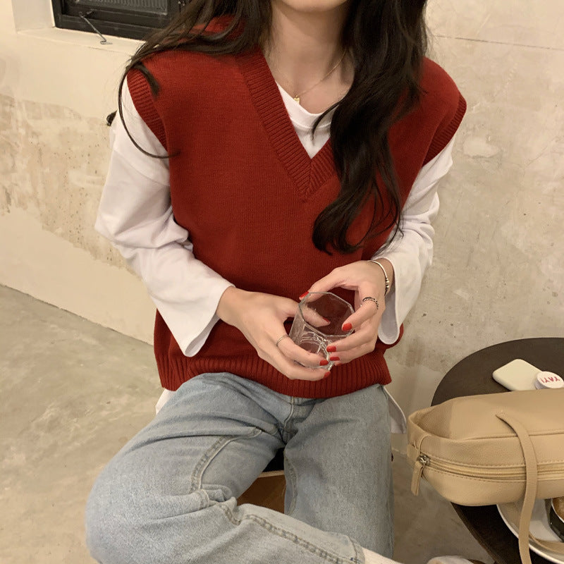 Damen Ärmellose Strickweste mit V-Ausschnitt und Rippdetails WW