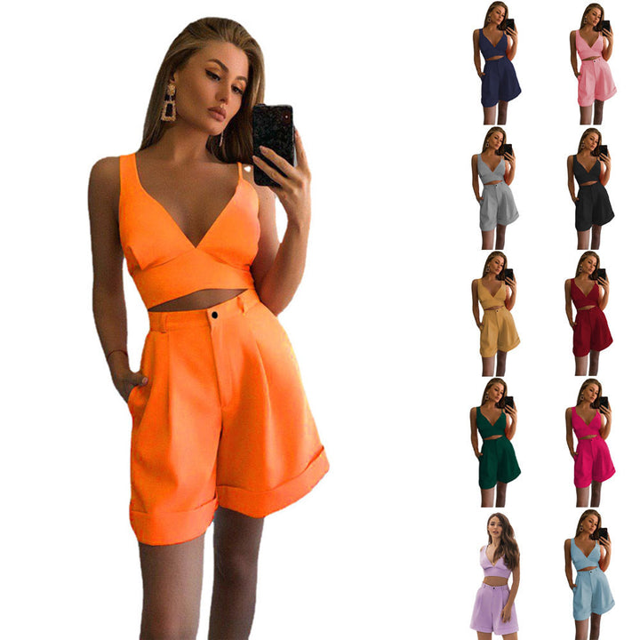 Damen-Freizeitset aus Polyester mit trägerlosem Top und hochtaillierter Shorts
