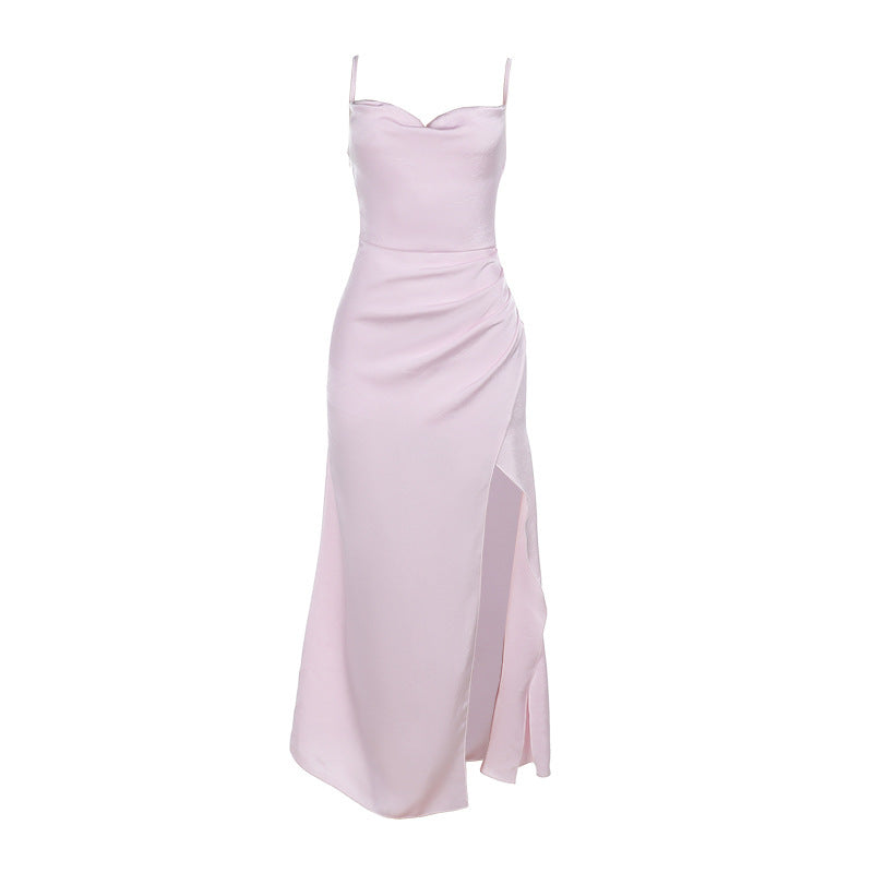 Damen Satin Maxikleid mit elegantem Rüschen-Design und hohem Schlitz W&W