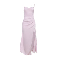 Damen Satin Maxikleid mit elegantem Rüschen-Design und hohem Schlitz W&W