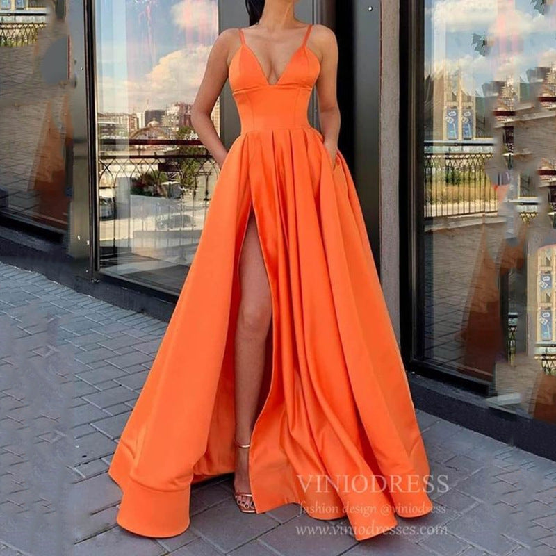 W&W Mode | Figurformendes einfarbiges Spaghettiträger-Train-Abend-Satin-Kleid