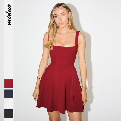 Damen schulterfreies Minikleid mit elegantem Quadrat-Ausschnitt und schwingendem Rock WW