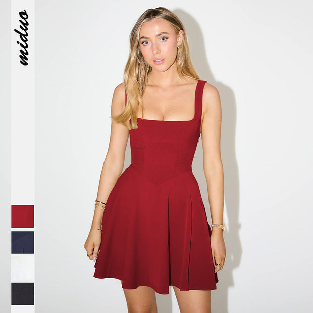 Damen schulterfreies Minikleid mit elegantem Quadrat-Ausschnitt und schwingendem Rock WW