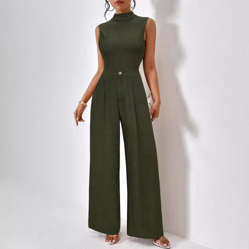 Damen eleganter Jumpsuit mit Rippstruktur und hochgeschlossenem Kragen W&W
