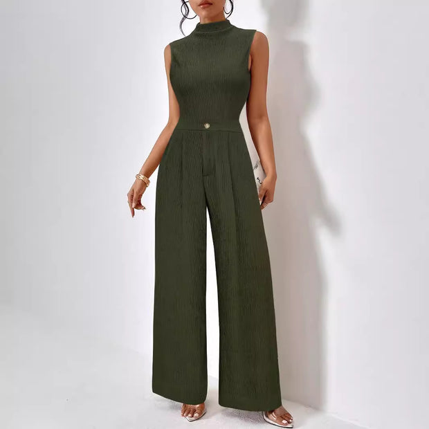 Damen eleganter Jumpsuit mit Rippstruktur und hochgeschlossenem Kragen W&W