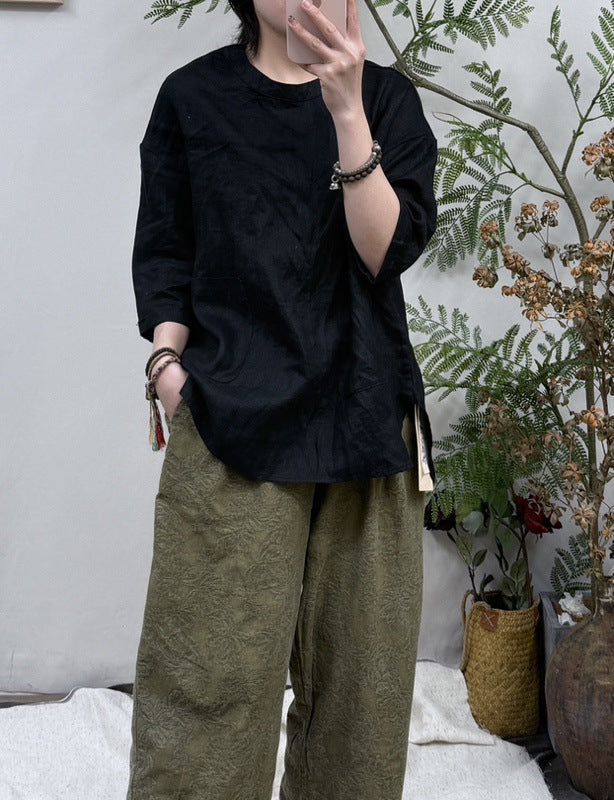 Damen Relaxed Fit Leinen Tunika-Oberteil mit Tasche WW