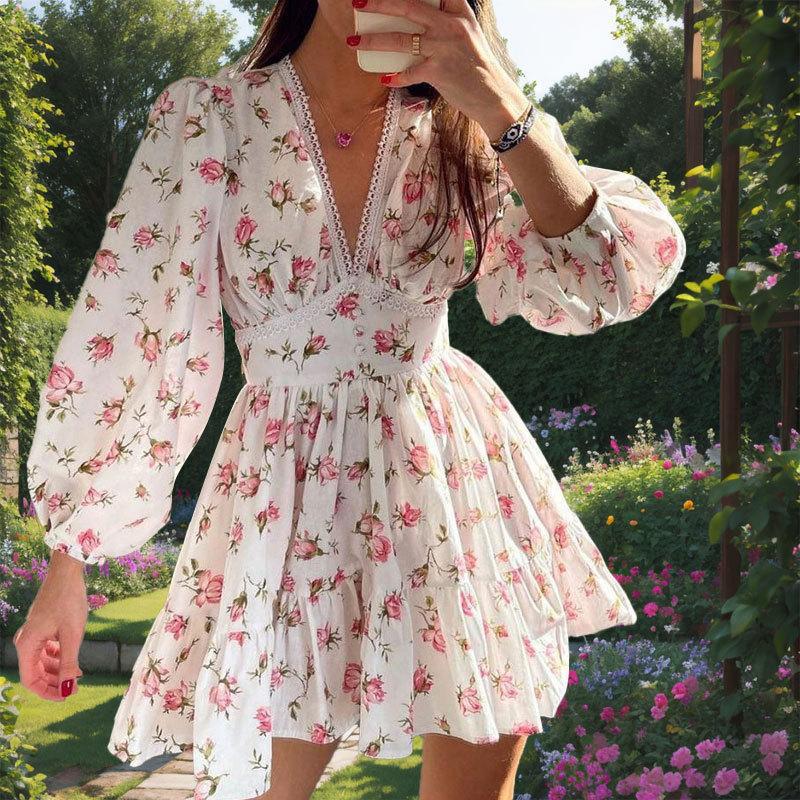 Damen romantisches Blumenkleid mit voluminösen Ärmeln WW