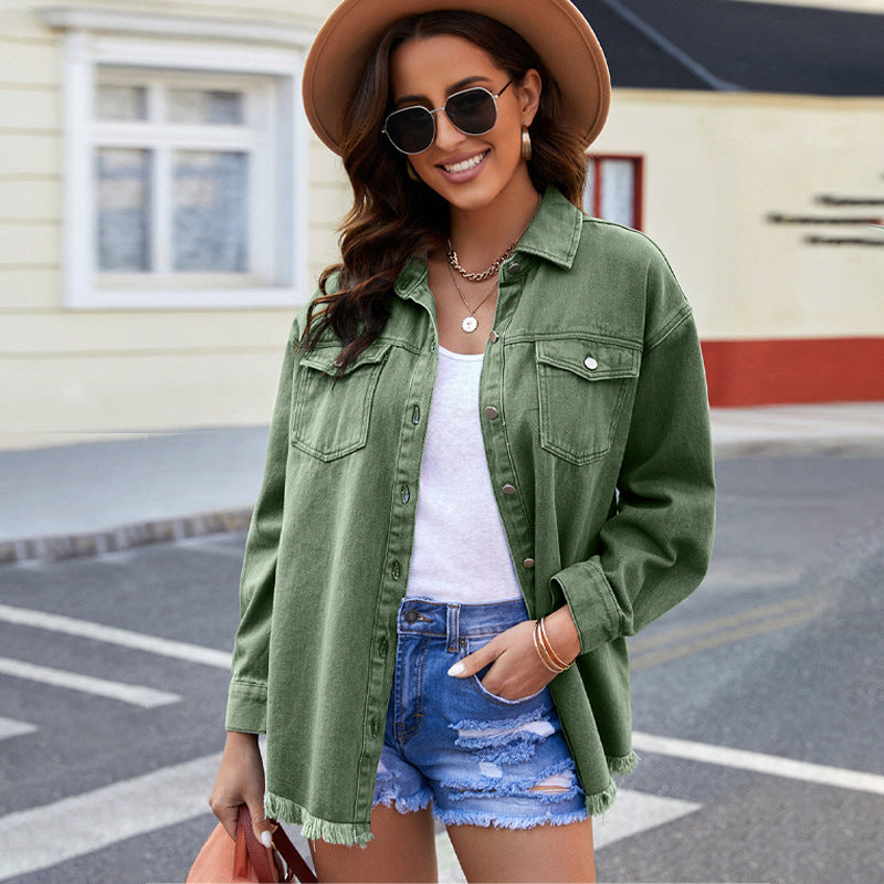Damen Denim-Hemdjacke mit abgerundetem Saum und abnehmbaren Taschen WW