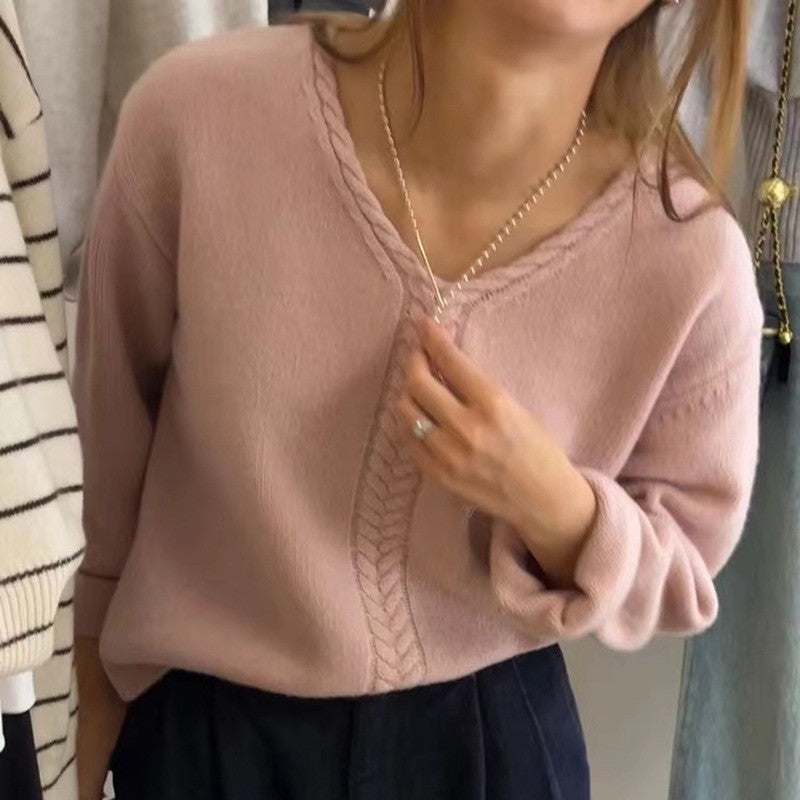 Damen Strickpullover mit V-Ausschnitt und Zopfmuster WW