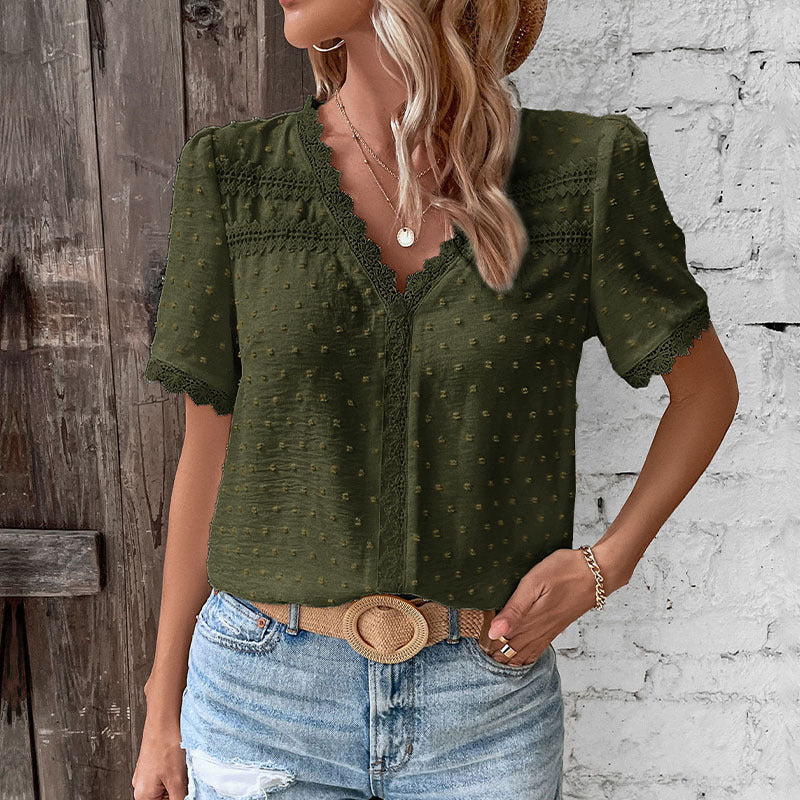 Damen Kurzarmbluse mit Spitzenbesatz und strukturiertem Design WW