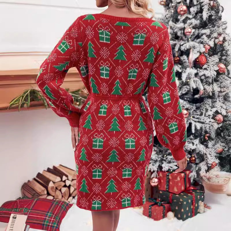 Damen Strickkleid mit festlichem Weihnachtsmotiv und weitem Rundhalsausschnitt WW
