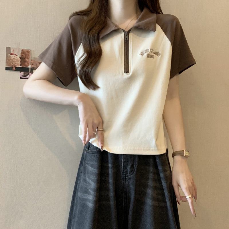 Damen Zip-Up Polo Tee mit Kontrastärmeln WW