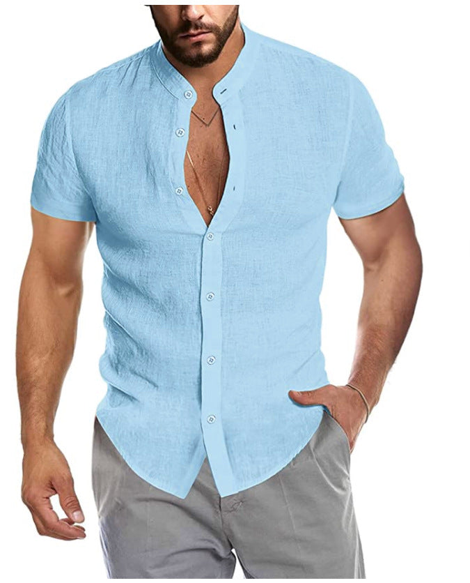 Herren Kurzarm Leinenhemd mit Stehkragen und dezenter Knopfleiste W&W Mode
