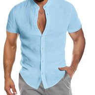 Herren Kurzarm Leinenhemd mit Stehkragen und dezenter Knopfleiste WW