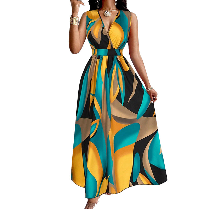 Damen Elegantes Maxikleid mit modernem, farbenprächtigen Design und tiefem V-Ausschnitt WW
