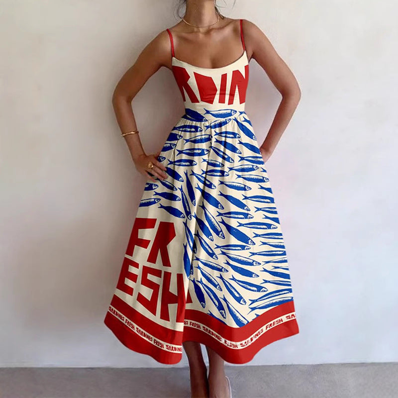 Damen Midi-Kleid mit auffälligem Grafikdruck und schwingendem Rock WW