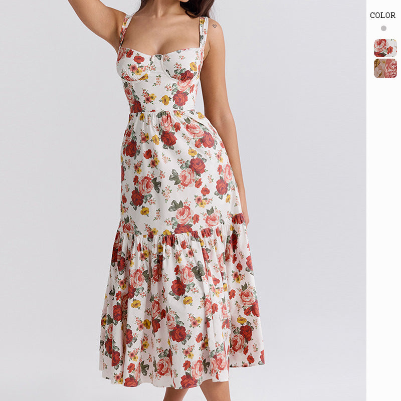 Damen Maxikleid mit romantischem Blumenmuster und voluminösem Rock WW