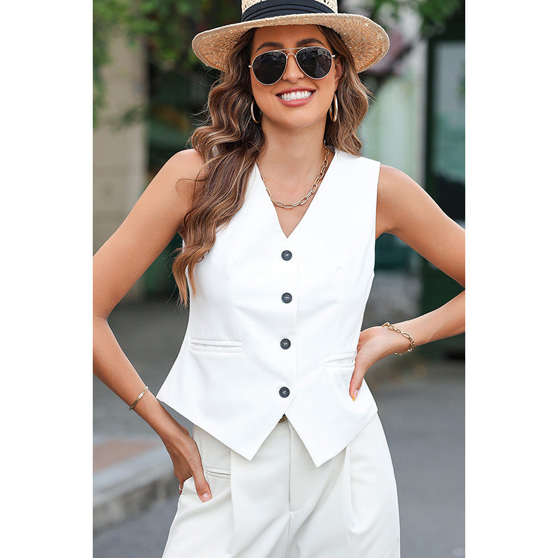 Damen ärmellose Bluse mit elegant schmalem Schnitt und Knopfleiste WW