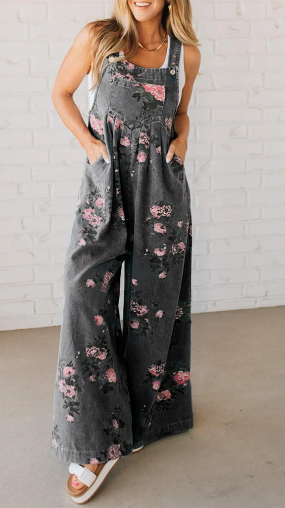 Damen lässiger Jeansoverall mit floralen Details und praktischen Taschen WW