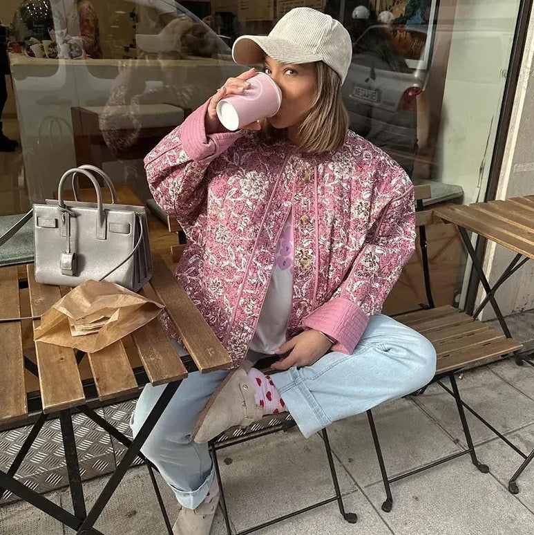 Damen Steppjacke mit floralem Muster und praktischen Taschen WW