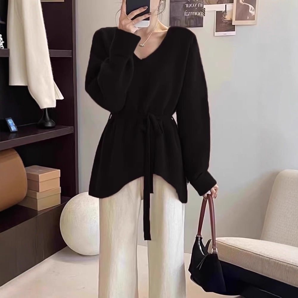 Damen Strickpullover mit V-Ausschnitt und Taillengürtel WW