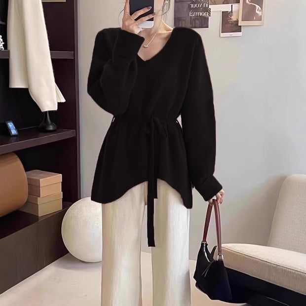 Damen Strickpullover mit V-Ausschnitt und Taillengürtel WW