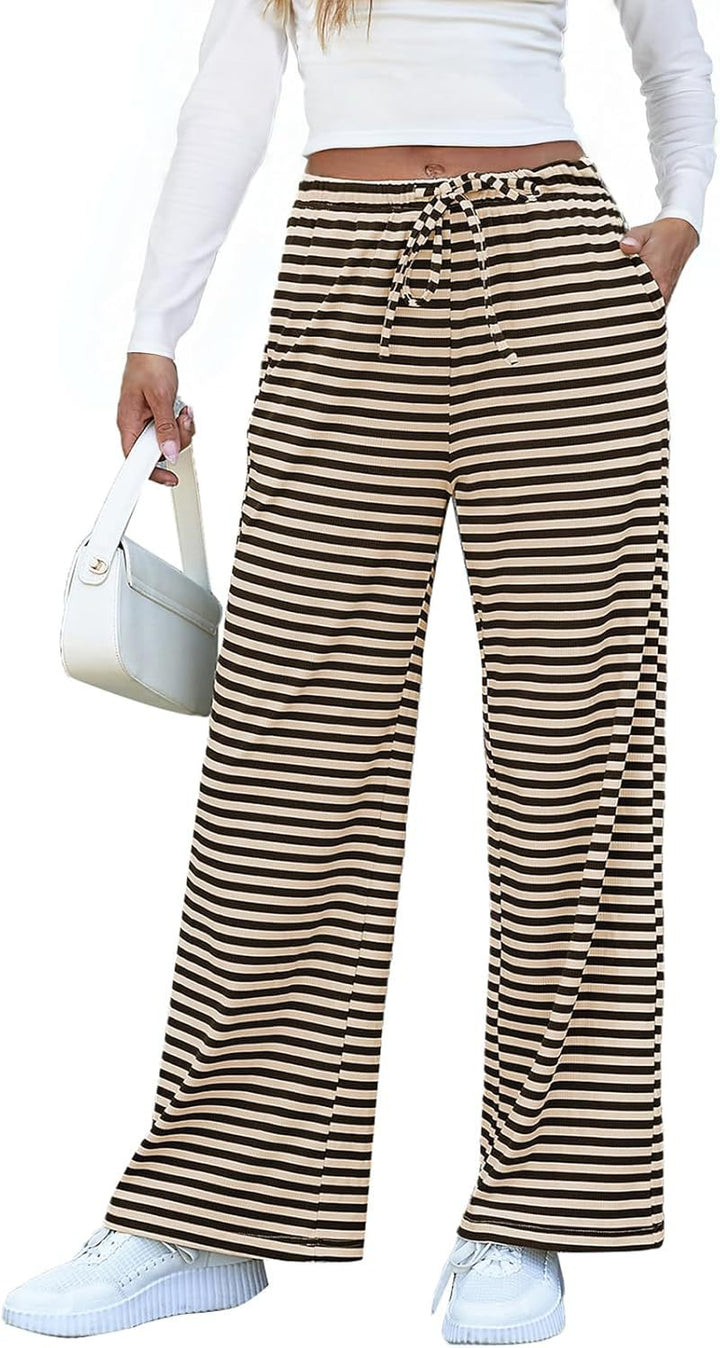Damen weite Streifenhose mit elastischem Bund und Kordelzug W&W Mode