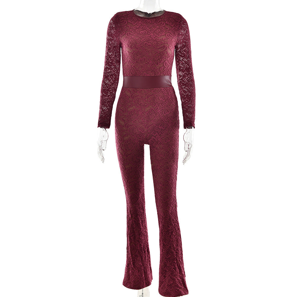 Damen Eleganter Spitzen-Overall mit floralen Motiven W&W Mode