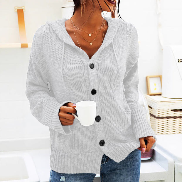 Damen bequeme Strickjacke mit Kapuze und Knopfverschluss WW