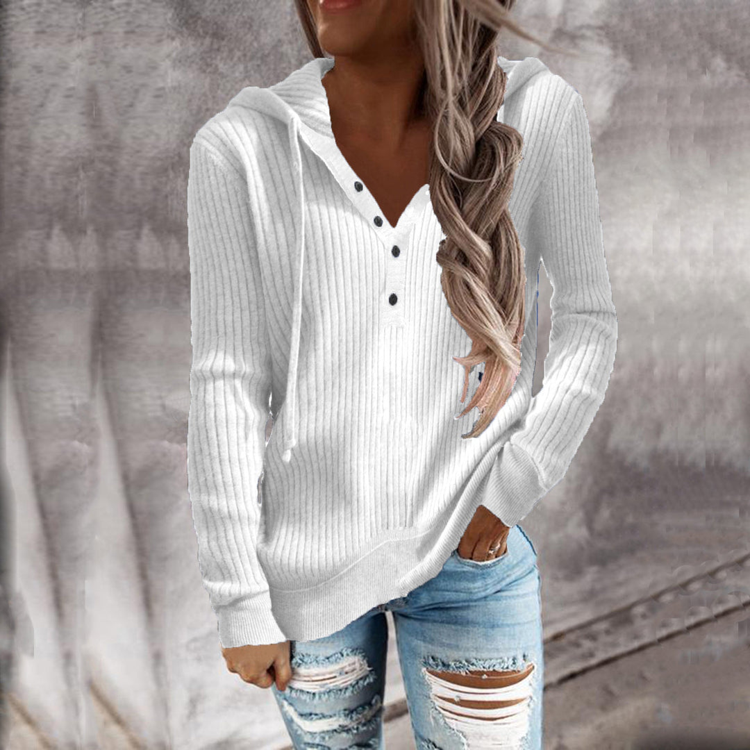 Damen Hoodie mit strukturiertem Rippmuster und knöpfbarem Ausschnitt W&W Mode