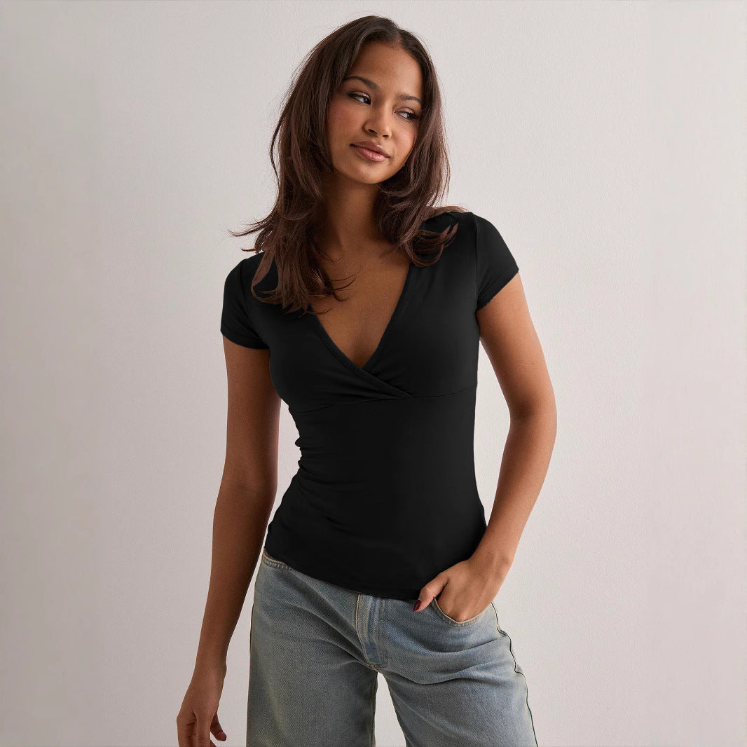 Damen Stilvolles Wickel V-Ausschnitt Top WW