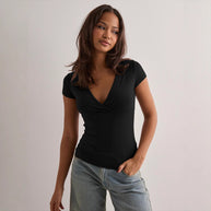 Damen Stilvolles Wickel V-Ausschnitt Top WW