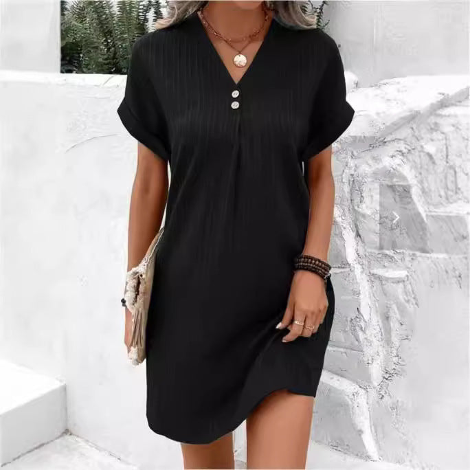 Damen Kurzarm Kleid mit V-Ausschnitt und Knopfdetail WW