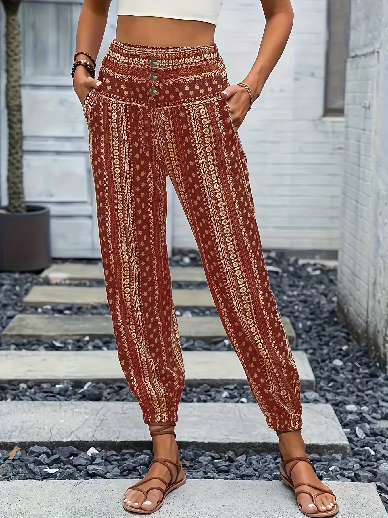 Damen Weite Freizeithose mit elastischem Bund und knopfverzierter Taille WW