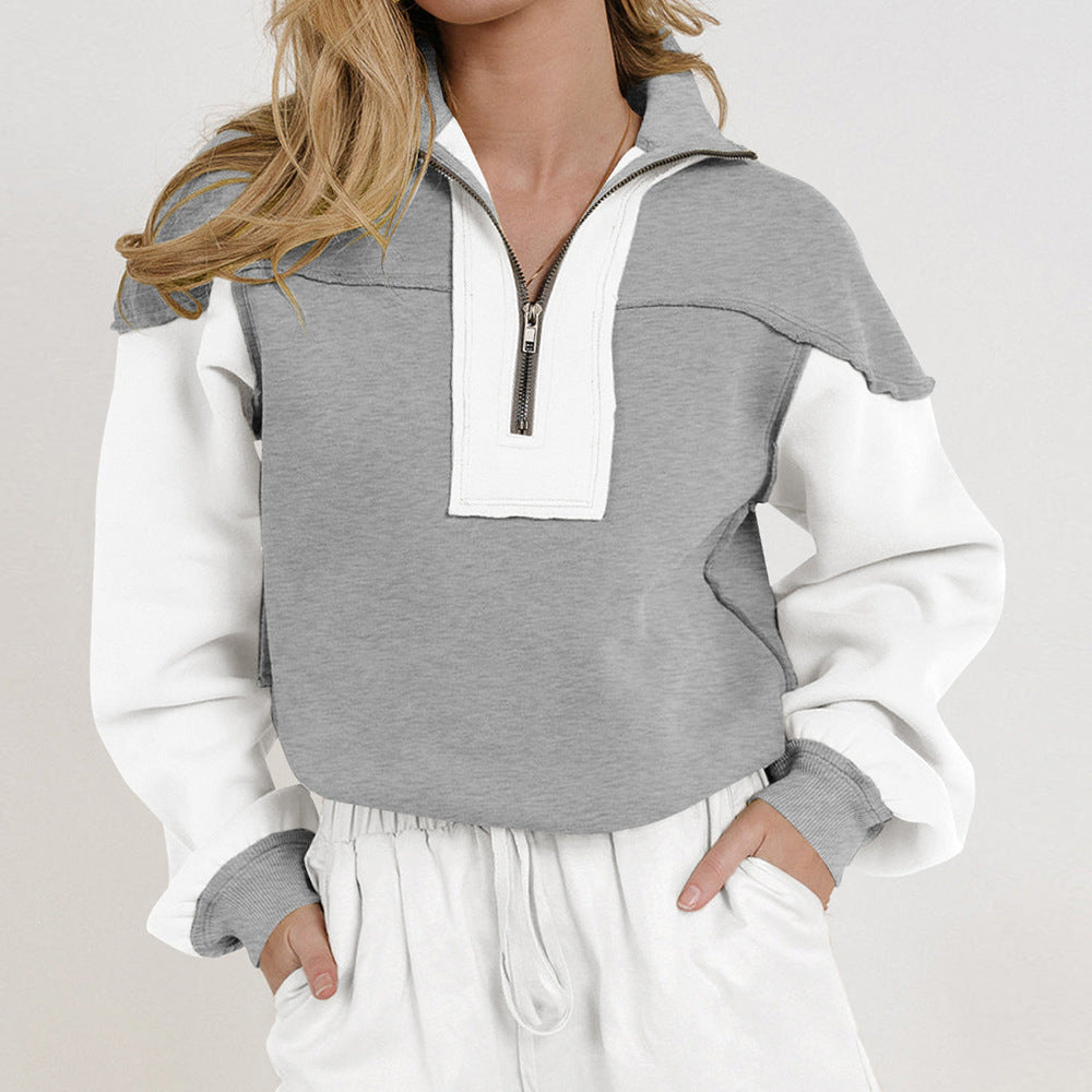 Damen lässiger Pullover mit halbem Reißverschluss und kontrastierenden Ärmeln WW