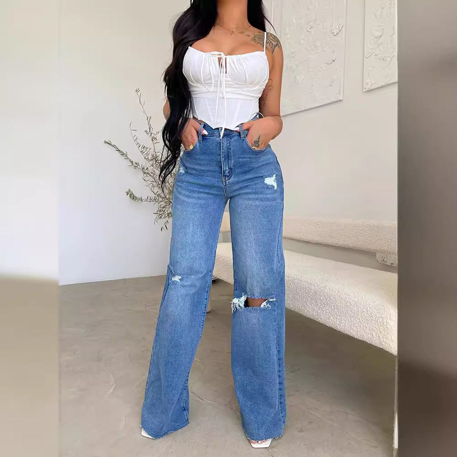 Damen weite High-Waist Jeans mit destroyed Effekten WW