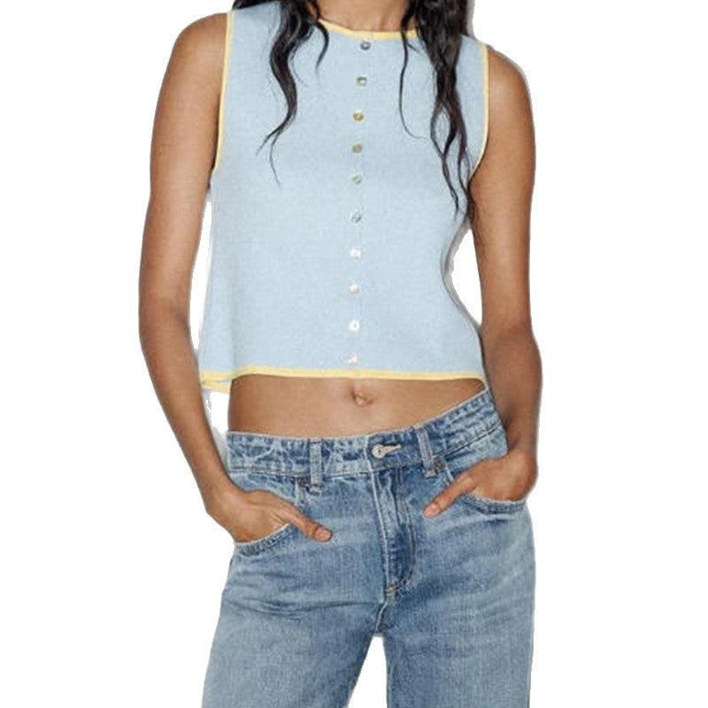Damen ärmelloses Strickoberteil mit dekorativen Knopfdetails WW