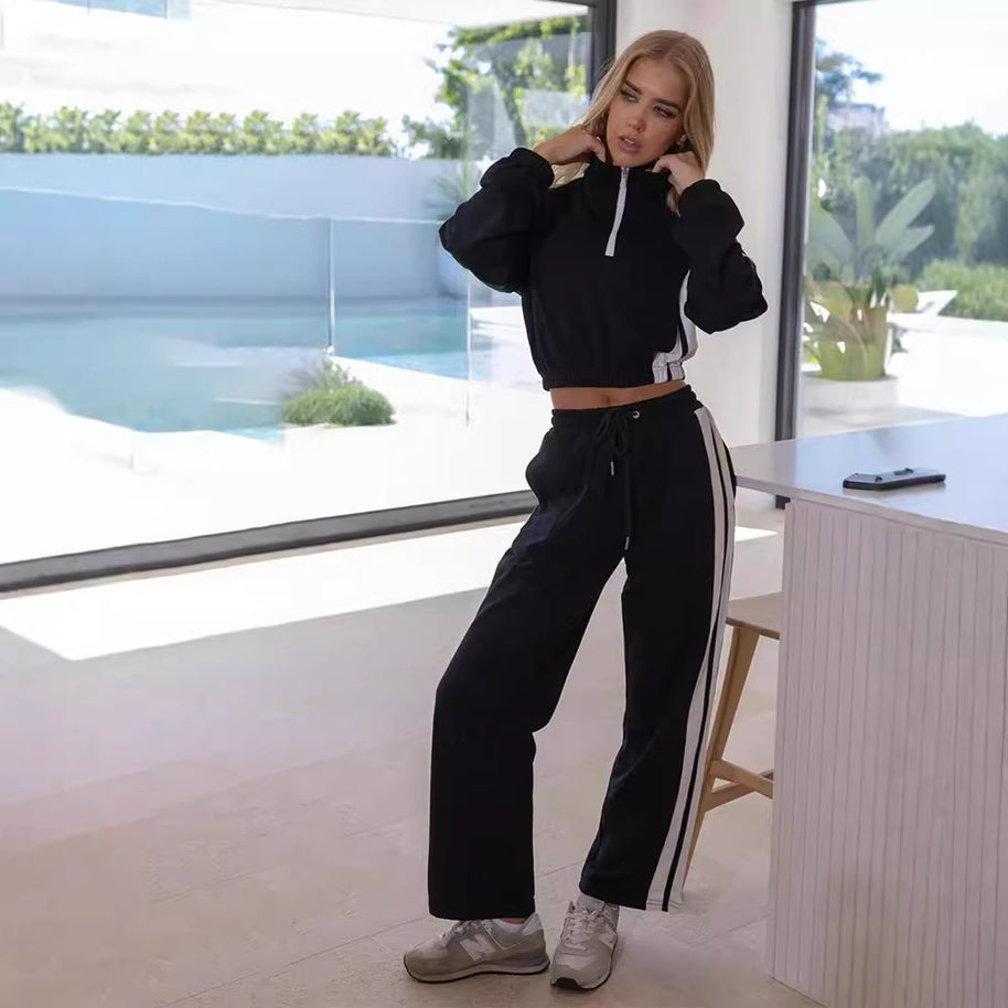 Damen sportliches Fleece-Lounge-Set mit hohem Kragen und elastischen Bündchen WW