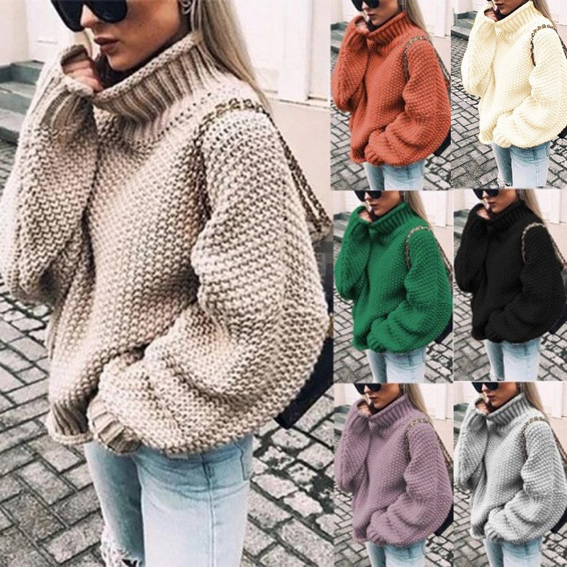 Damen Grobstrick Pullover mit Stehkragen und voluminösen Ärmeln WW