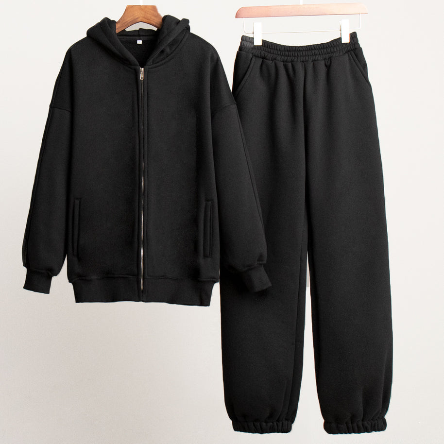 Damen Bequemes Fleece-Hausanzug-Set mit Hoodie und elastischem Bund WW